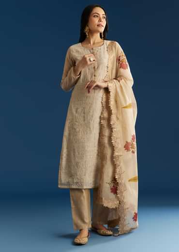 Beige Jamdani Cotton Kurta Set With Thread Work And Block Print Dupatta