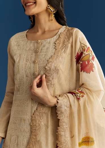 Beige Jamdani Cotton Kurta Set With Thread Work And Block Print Dupatta