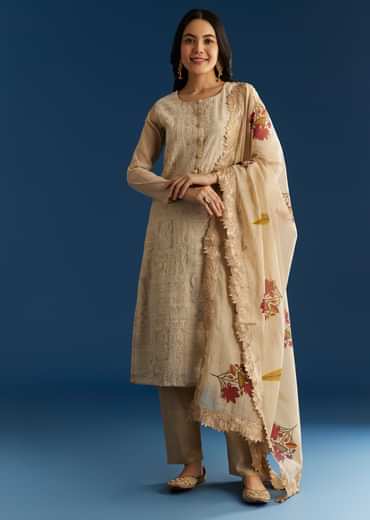 Beige Jamdani Cotton Kurta Set With Thread Work And Block Print Dupatta