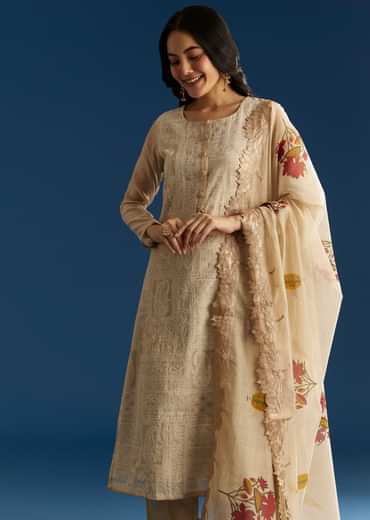 Beige Jamdani Cotton Kurta Set With Thread Work And Block Print Dupatta