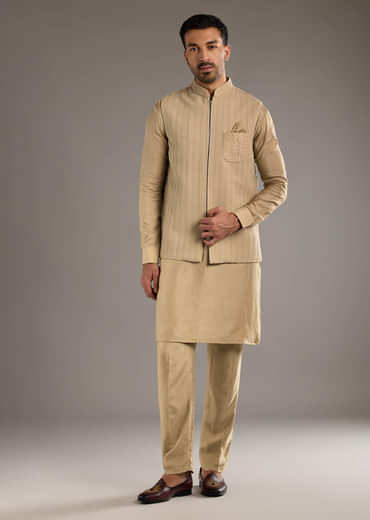 Beige Kurta Jacket Set For Men With Beads And Resham Work