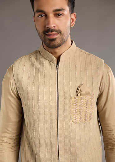 Beige Kurta Jacket Set For Men With Beads And Resham Work