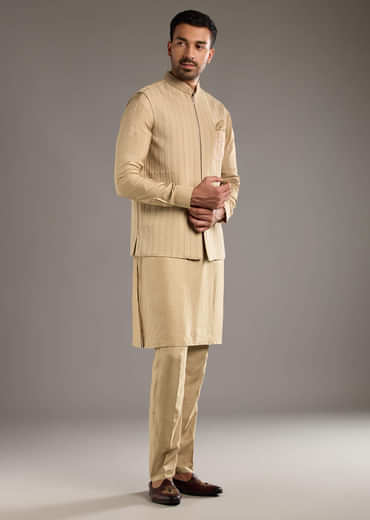 Beige Kurta Jacket Set For Men With Beads And Resham Work