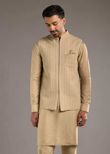 Beige Kurta Jacket Set For Men With Beads And Resham Work