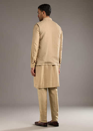 Beige Kurta Jacket Set For Men With Beads And Resham Work
