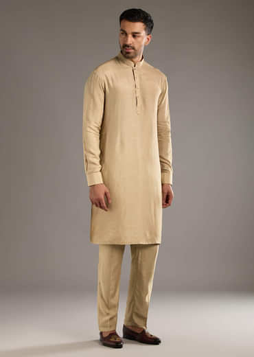 Beige Kurta Jacket Set For Men With Beads And Resham Work