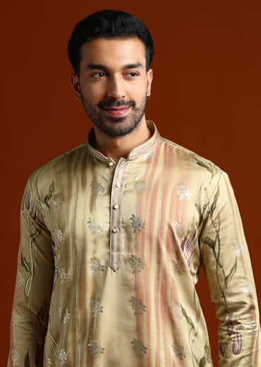 Beige Kurta Set For Men With Ethnic Motif Work