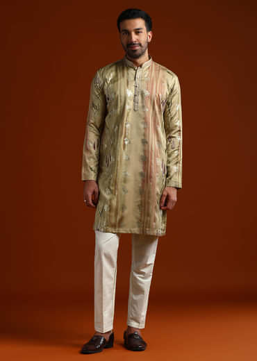 Beige Kurta Set For Men With Ethnic Motif Work