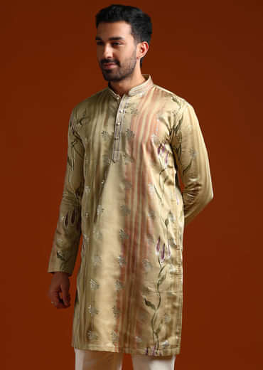 Beige Kurta Set For Men With Ethnic Motif Work