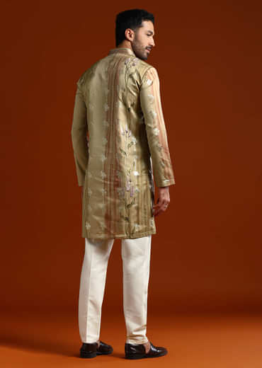 Beige Kurta Set For Men With Ethnic Motif Work