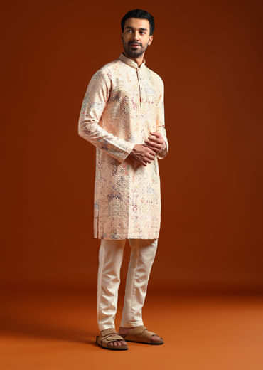 Beige Kurta Set For Men With Print And Sequins Embroidery