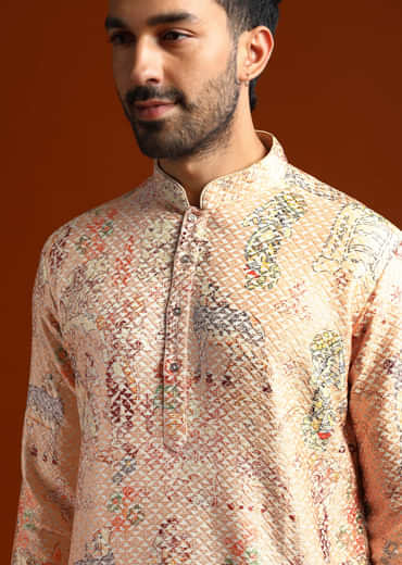 Beige Kurta Set For Men With Print And Sequins Embroidery