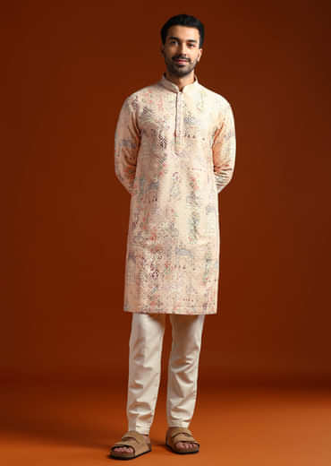 Beige Kurta Set For Men With Print And Sequins Embroidery