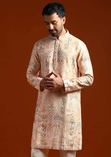 Beige Kurta Set For Men With Print And Sequins Embroidery