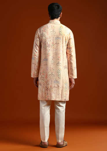 Beige Kurta Set For Men With Print And Sequins Embroidery