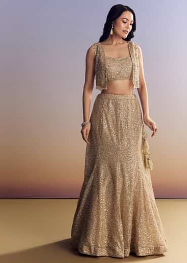 Beige Lehenga Set With Jacket And Cut Dana Embroidery