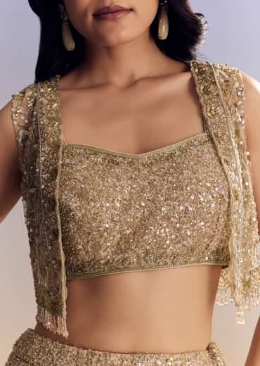 Beige Lehenga Set With Jacket And Cut Dana Embroidery