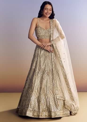 Beige Lehenga Set With Sequins Cut Dana Work