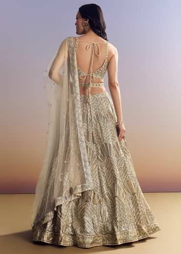 Beige Lehenga Set With Sequins Cut Dana Work