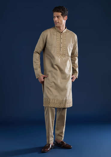 Beige Linen Blend Mirror Work Kurta and Pant Set