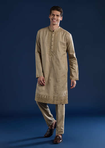 Beige Linen Blend Mirror Work Kurta and Pant Set