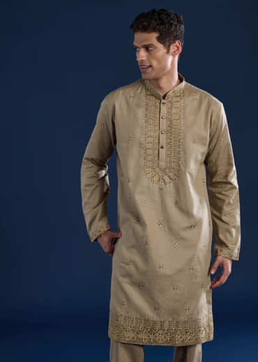 Beige Linen Blend Mirror Work Kurta and Pant Set
