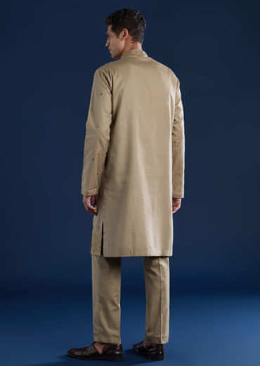 Beige Linen Blend Mirror Work Kurta and Pant Set