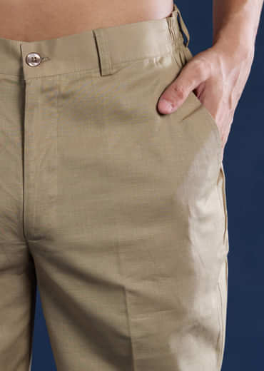 Beige Linen Blend Mirror Work Kurta and Pant Set