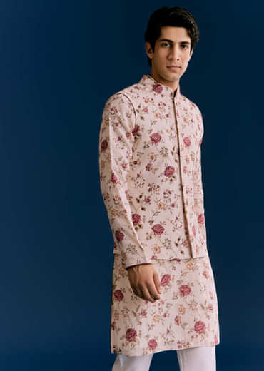 Beige Linen Kurta Jacket Set With Sequins And Thread Embroidery