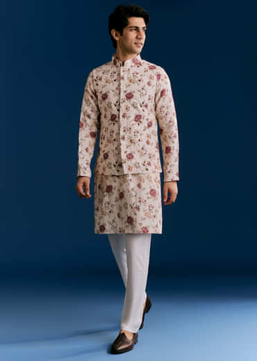 Beige Linen Kurta Jacket Set With Sequins And Thread Embroidery