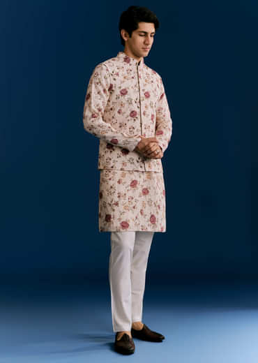 Beige Linen Kurta Jacket Set With Sequins And Thread Embroidery