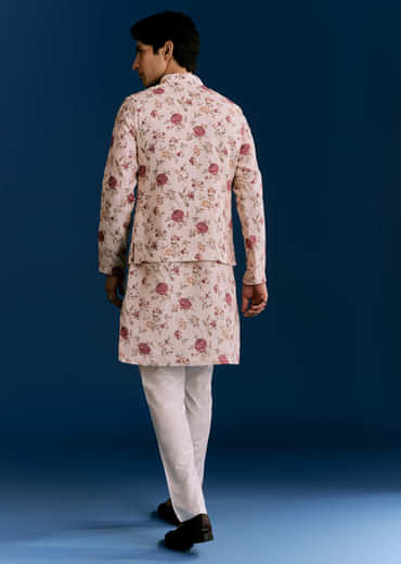 Beige Linen Kurta Jacket Set With Sequins And Thread Embroidery