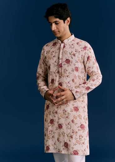 Beige Linen Kurta Jacket Set With Sequins And Thread Embroidery