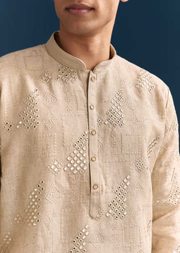 Beige Linen Kurta Set For Men With Mirror Embroidery