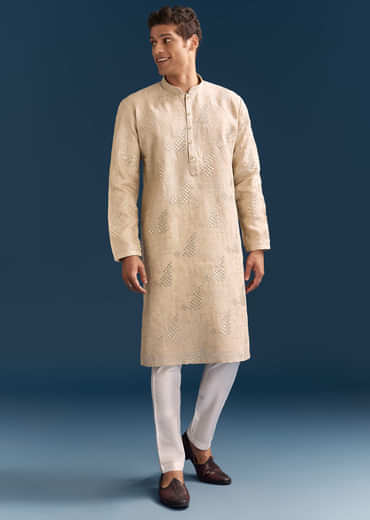 Beige Linen Kurta Set For Men With Mirror Embroidery