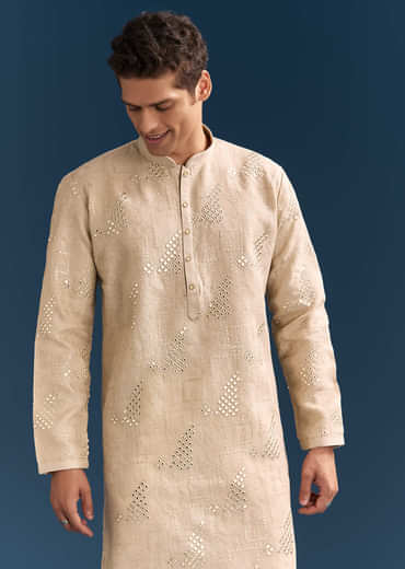 Beige Linen Kurta Set For Men With Mirror Embroidery