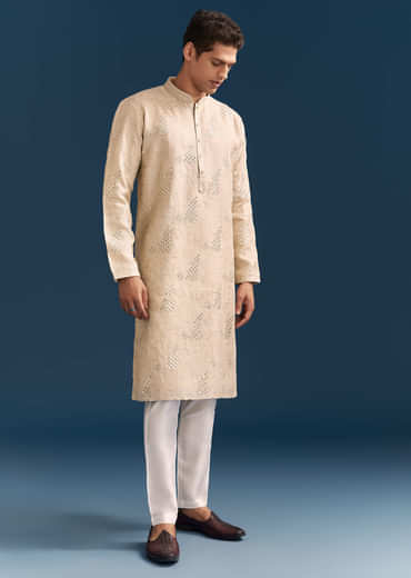 Beige Linen Kurta Set For Men With Mirror Embroidery