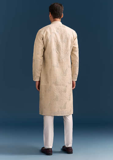 Beige Linen Kurta Set For Men With Mirror Embroidery