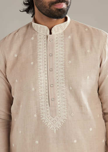 Beige Linen Kurta Set For Men With Resham Hand Work