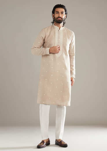 Beige Linen Kurta Set For Men With Resham Hand Work