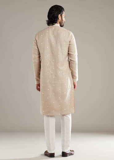Beige Linen Kurta Set For Men With Resham Hand Work