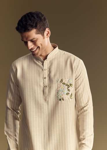 Beige Linen Kurta Set With Delicate Hand Embroidery