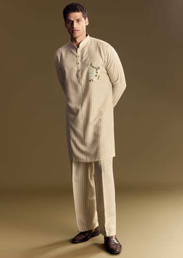Beige Linen Kurta Set With Delicate Hand Embroidery