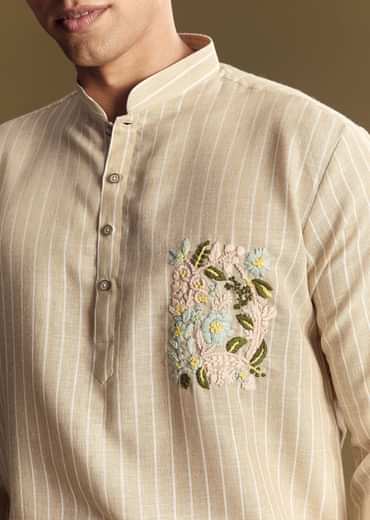 Beige Linen Kurta Set With Delicate Hand Embroidery