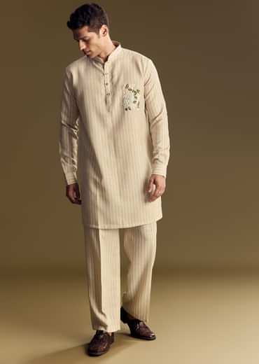Beige Linen Kurta Set With Delicate Hand Embroidery