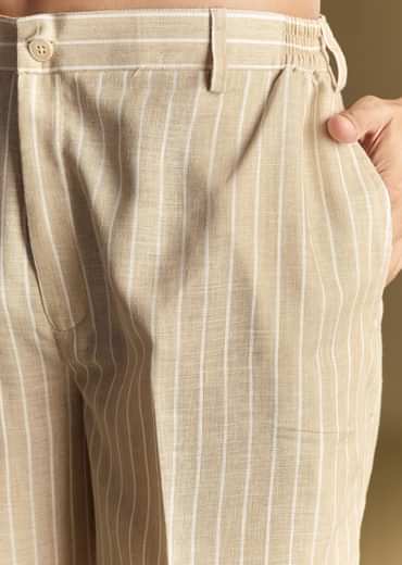 Beige Linen Kurta Set With Delicate Hand Embroidery