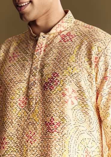 Beige Linen Kurta Set With Minimalist Detailing