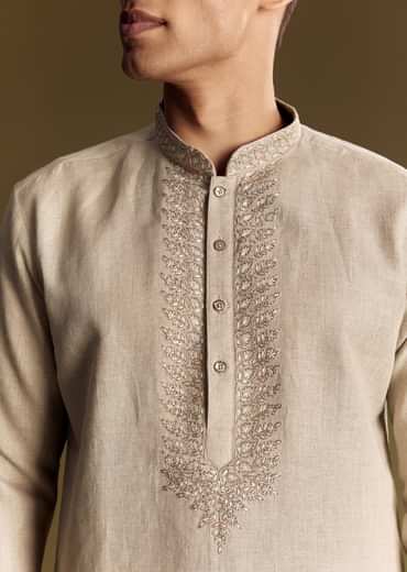 Beige Linen Kurta Set With Thread And Sequin Accents