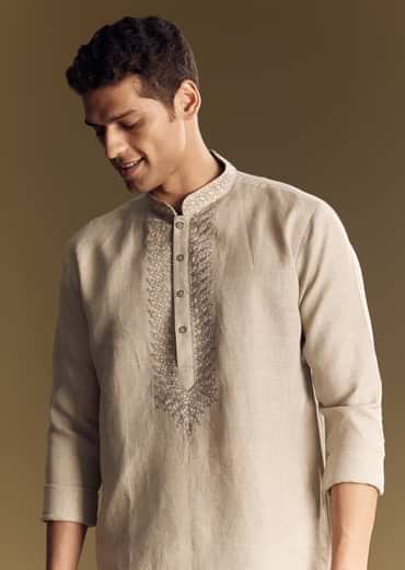 Beige Linen Kurta Set With Thread And Sequin Accents