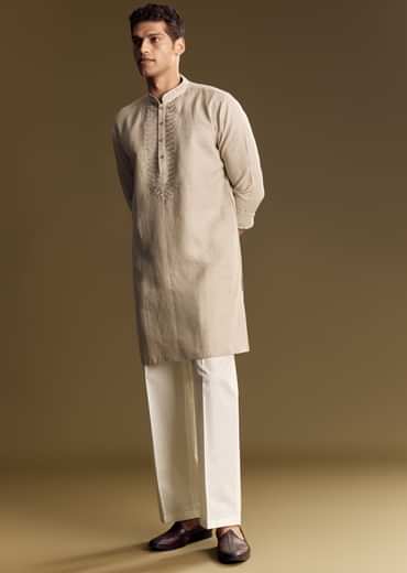Beige Linen Kurta Set With Thread And Sequin Accents
